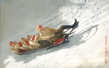 Featured is a postcard image of a favorite winter sport ... a circa 1900 bobsled (they said bobsleigh back then) team in St. Moritz, Switzerland.  The original unused postcard is for sale in The unltd.com Store.  
